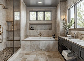 Luxurious bathroom with custom cabinets, tub, and stone tile.