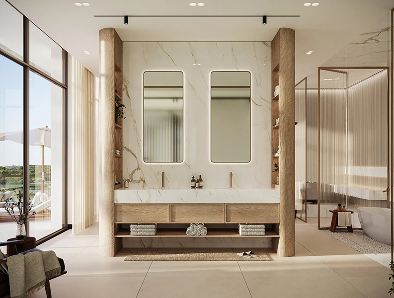 Modern bathroom with double vanity, marble wall, and natural wood accents.