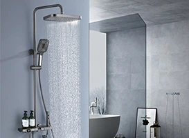 Modern bathroom with rainfall shower and handheld shower head.