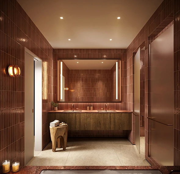 Luxurious bathroom remodel with brown tile and wood vanity.