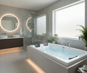 Modern bathroom featuring a jacuzzi bathtub, part of a jacuzzi bath remodel.