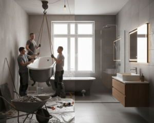 Before and after split image shows tub installation, contrasting the old and new bathroom design.